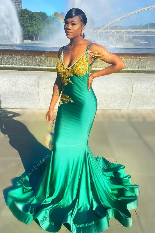 Green Jersey Gold Lace Spaghetti Straps Customized Prom Gown Holiday Jersey Tee