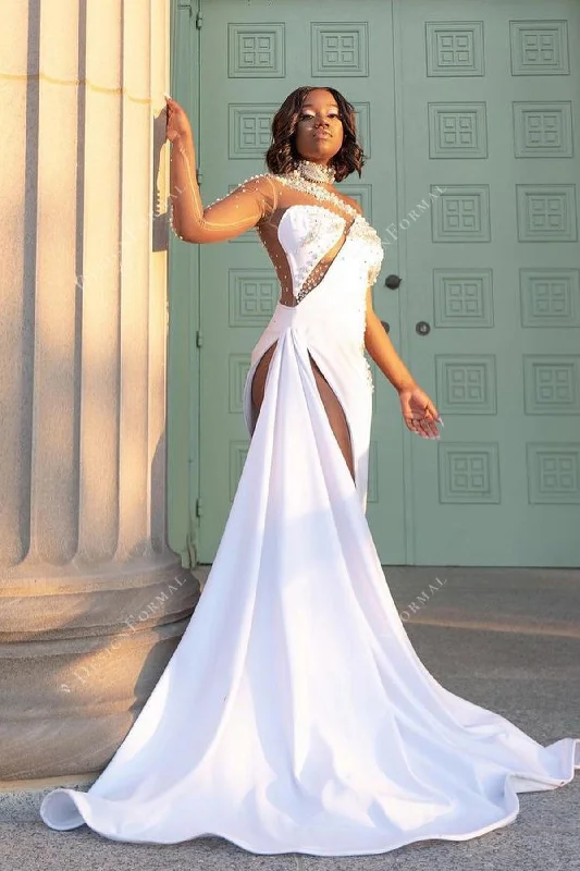 White Jersey Beaded Sheer Sleeves Slits Customized Prom Gown Festive Jersey Tee