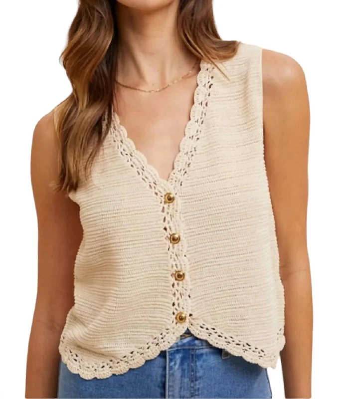 Crochet Trim Sweater Vest In Beige Toggled Drawstring Belted