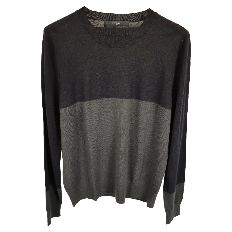 Givenchy Two-Toned Crewneck Sweater in Black and Grey Wool Boat Neck Shawl Collar Notched Collar Givenchy Two-Toned Crewneck Sweater in Black and Grey Wool Boat Neck Shawl Collar Notched Collar