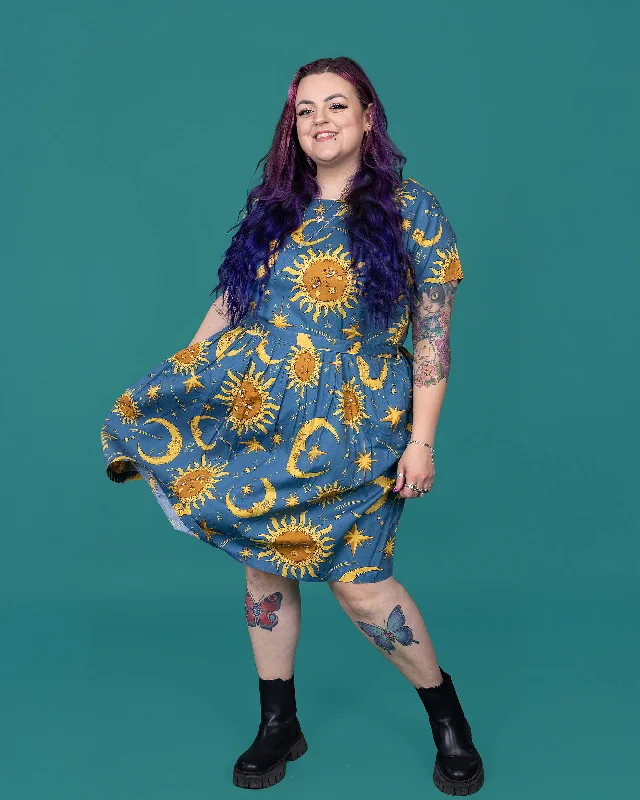 Celestial Sun and Moon Stretch Belted Tea Dress with Pockets Tunics Prom sequined