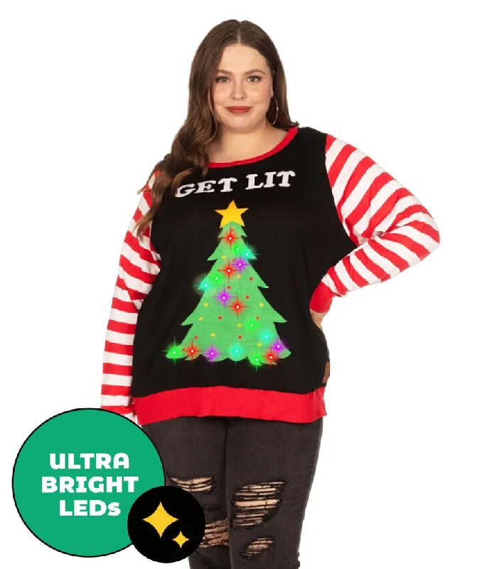 Women's Get Lit Light Up Plus Size Ugly Christmas Sweater Hooded Sweater Collared Sweater Shawl Collar Women's Get Lit Light Up Plus Size Ugly Christmas Sweater Hooded Sweater Collared Sweater Shawl Collar