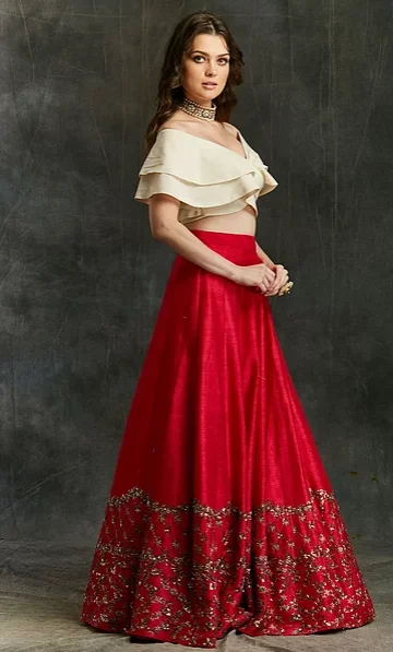 Astha Narang Red Border Lehenga With Off Shoulder Crop Top Knit Fabric Woven Fabric Fleece Fabric Astha Narang Red Border Lehenga With Off Shoulder Crop Top Knit Fabric Woven Fabric Fleece Fabric