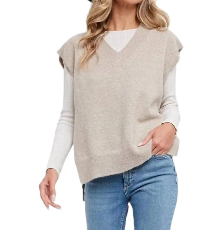 V-Neck Oatmeal Sweater Vest Welt Pockets Slit Pockets Flap Pockets