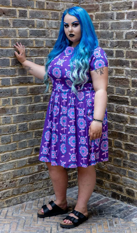 Purple Retro Flowers Belted Stretch Tea Dress with Pockets Tunic Top Casual