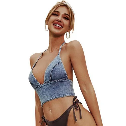 Retro Fashion All-matched Slings Halter Tied-band V-neck Denim Women Tank Tops essential tank top Retro Fashion All-matched Slings Halter Tied-band V-neck Denim Women Tank Tops essential tank top