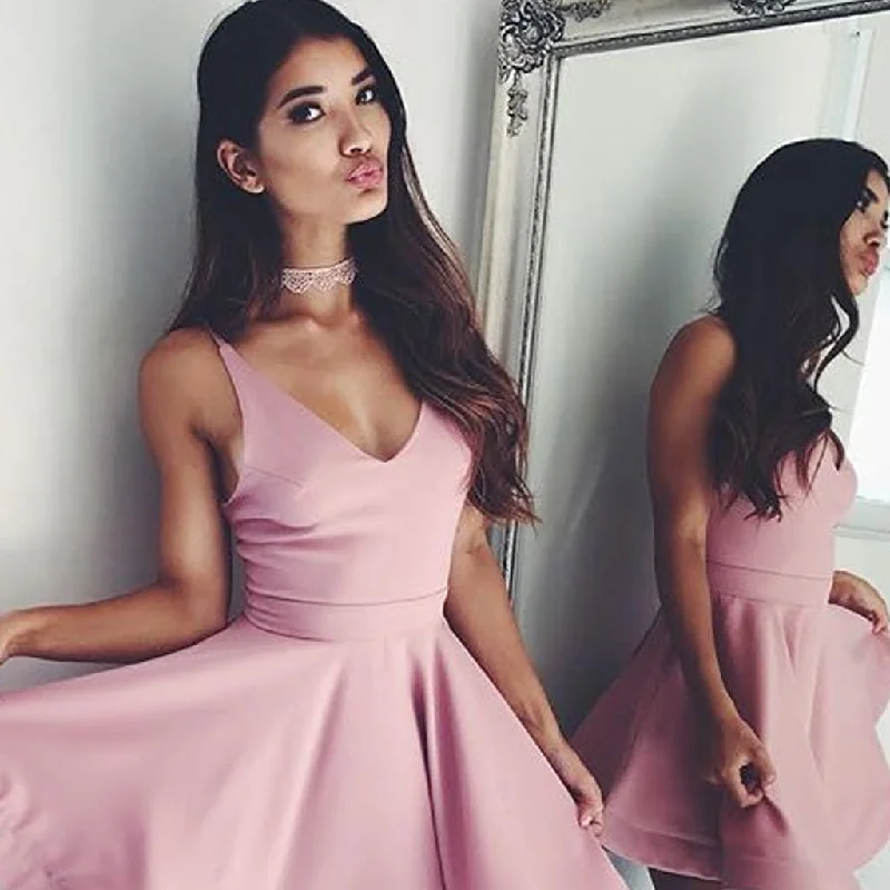 Above-Knee Pink Homecoming Dress, V-Neck Backless Adorable Homecoming Dress, D758 Tunics Long Elegant Above-Knee Pink Homecoming Dress, V-Neck Backless Adorable Homecoming Dress, D758 Tunics Long Elegant