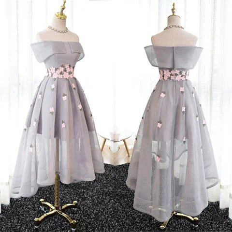 Best Sale Elegant A-Line Off-Shoulder High-Low Gray Organza Prom Dresses with Appliques,220037 Tunics Bestseller popular Best Sale Elegant A-Line Off-Shoulder High-Low Gray Organza Prom Dresses with Appliques,220037 Tunics Bestseller popular
