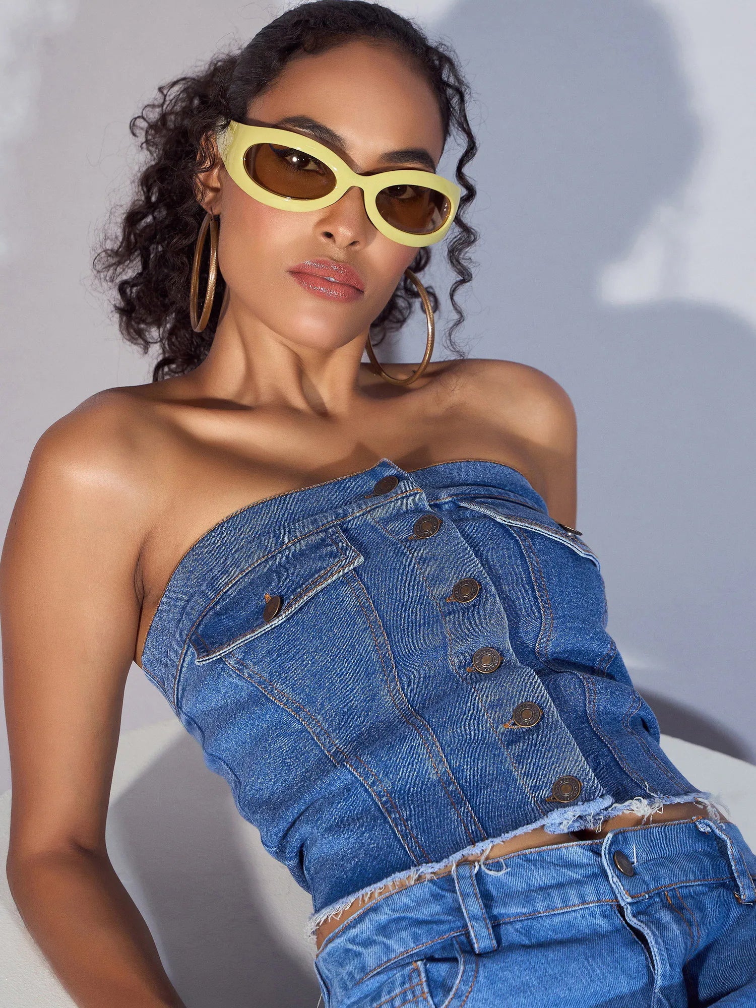 Women Blue Denim Tube Crop Top-SFTOPS42030 Hooded Caped Shawl Collar