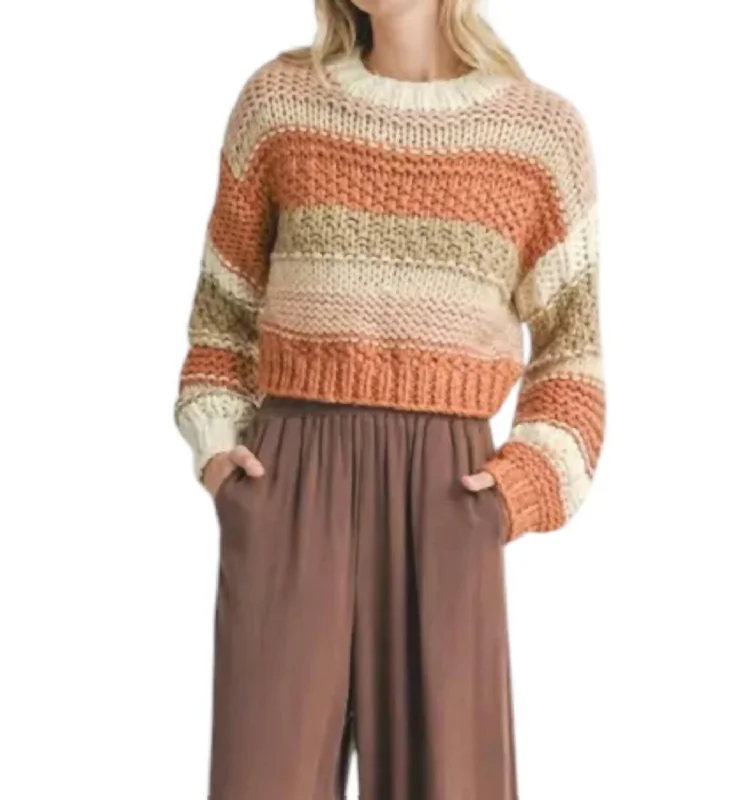 Butter Pecan Striped Cropped Sweater In Brick Multi Spandex Blend Rayon Blend Denim Blend Butter Pecan Striped Cropped Sweater In Brick Multi Spandex Blend Rayon Blend Denim Blend