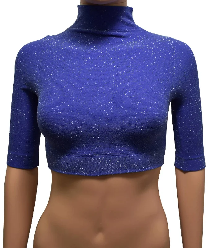 Women Mock Neck Metallic Stretch Crop Top In Blue Cozy Warm Stylish