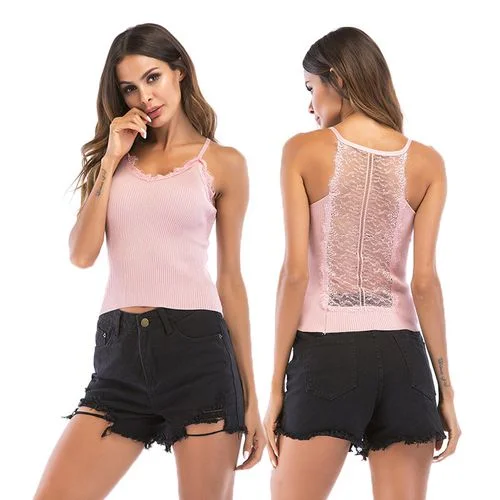 Summer V-neck Lace Stitching Short Trim Outer Wear Sling Tank Top for Girl stretchy tank top Summer V-neck Lace Stitching Short Trim Outer Wear Sling Tank Top for Girl stretchy tank top