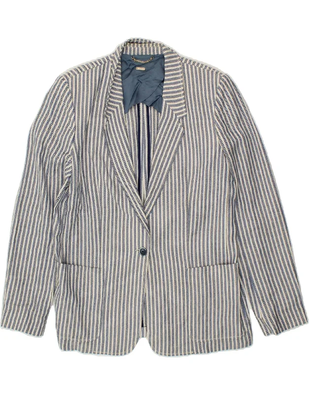 MASSIMO DUTTI Womens 1 Button Blazer Jacket US 12 Large Blue Pinstripe Stand-Up Collar Roll-Neck Collar Turtle Neck MASSIMO DUTTI Womens 1 Button Blazer Jacket US 12 Large Blue Pinstripe Stand-Up Collar Roll-Neck Collar Turtle Neck