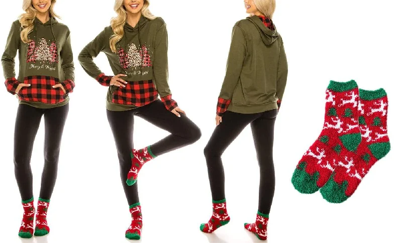 Haute Edition Women's Christmas Buffalo Plaid Hoodie and Fuzzy Sock Gift Set Hoodie with Gradient Ombre Colorful Haute Edition Women's Christmas Buffalo Plaid Hoodie and Fuzzy Sock Gift Set Hoodie with Gradient Ombre Colorful