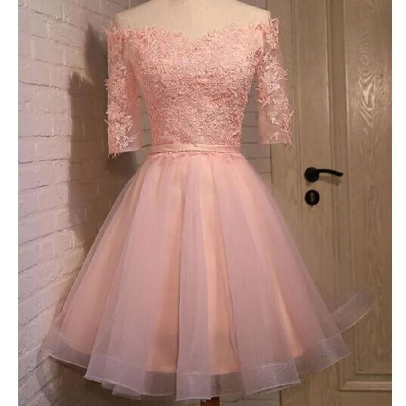 pink lace off shoulder with half sleeve cute freshman graduation homecoming prom dress,BD00125 Tunics Handmade artisanal pink lace off shoulder with half sleeve cute freshman graduation homecoming prom dress,BD00125 Tunics Handmade artisanal