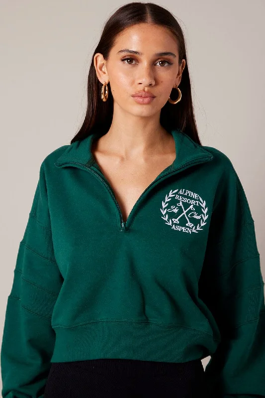Green Zip Up Sweater Crop Long Sleeve High Neck Glossy Satin Silk