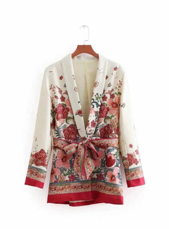 RED FLORAL PRINT KIMONO SUIT JACKET LADIES WAIST BOWKNOT Herringbone Jacket Checkered Jacket Solid Jacket RED FLORAL PRINT KIMONO SUIT JACKET LADIES WAIST BOWKNOT Herringbone Jacket Checkered Jacket Solid Jacket