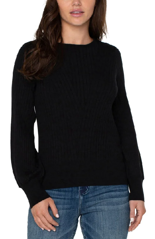 LONG SLEEVE CREW NECK SWEATER W/ RIBBED DETAIL - BLACK Terry Blend Velvet Blend Canvas Blend LONG SLEEVE CREW NECK SWEATER W/ RIBBED DETAIL - BLACK Terry Blend Velvet Blend Canvas Blend