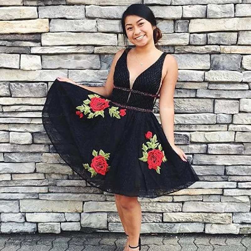 Black Applique Homecoming Dress, V-Back Beaded Mini Homecoming Dress, D756 Tunics Short Trendy Black Applique Homecoming Dress, V-Back Beaded Mini Homecoming Dress, D756 Tunics Short Trendy