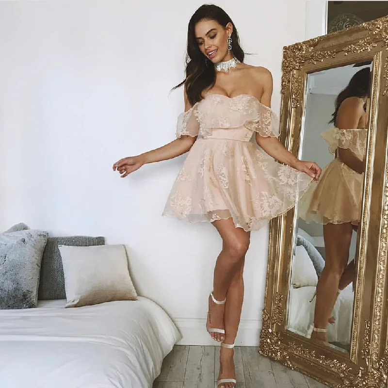 Short Homecoming Dress, Off Shoulder Homecoming Dress, Tulle Homecoming Dress, Knee-Length Junior School Dress, Applique Homecoming Dress, DA763 Tunics Business professional Short Homecoming Dress, Off Shoulder Homecoming Dress, Tulle Homecoming Dress, Knee-Length Junior School Dress, Applique Homecoming Dress, DA763 Tunics Business professional