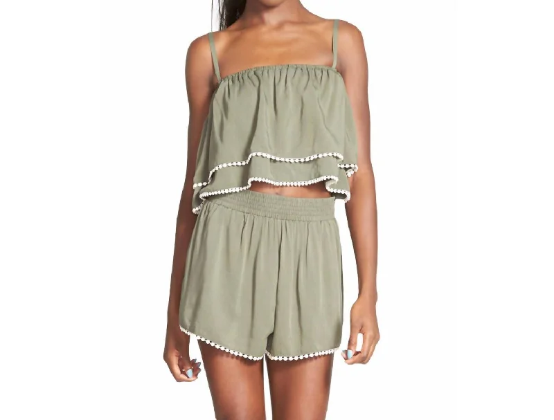 Get Lost Sleeveless Spaghetti Strap Ruffle Crop Top In Khaki Green Silk Blend Satin Velvet Get Lost Sleeveless Spaghetti Strap Ruffle Crop Top In Khaki Green Silk Blend Satin Velvet