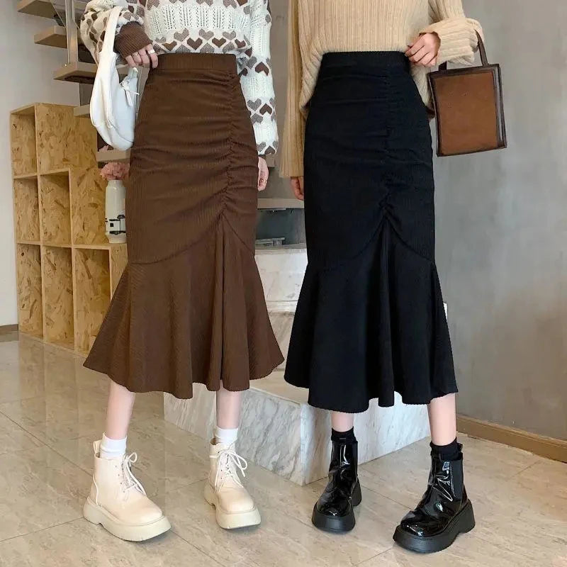 High Waist Midi Skirts Women Slim Fit Hip Mermaid Skirt Woman Korean Ruffles wool skirt warm High Waist Midi Skirts Women Slim Fit Hip Mermaid Skirt Woman Korean Ruffles wool skirt warm