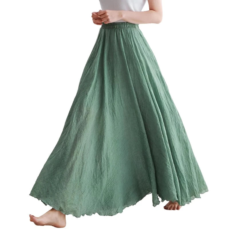 Cotton Linen Maxi Skirt Women Elastic High Waist Pleated A-Line Beach Skirts Boho ribbed skirt waist Cotton Linen Maxi Skirt Women Elastic High Waist Pleated A-Line Beach Skirts Boho ribbed skirt waist
