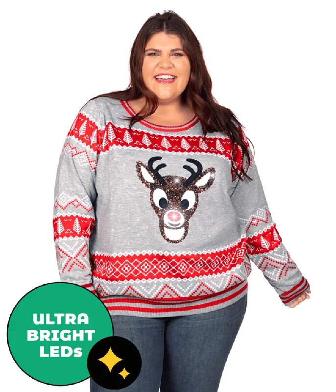 Women's Sequin Rudolph Light Up Plus Size Ugly Christmas Sweater Polka Dot Checkered Tartan Women's Sequin Rudolph Light Up Plus Size Ugly Christmas Sweater Polka Dot Checkered Tartan