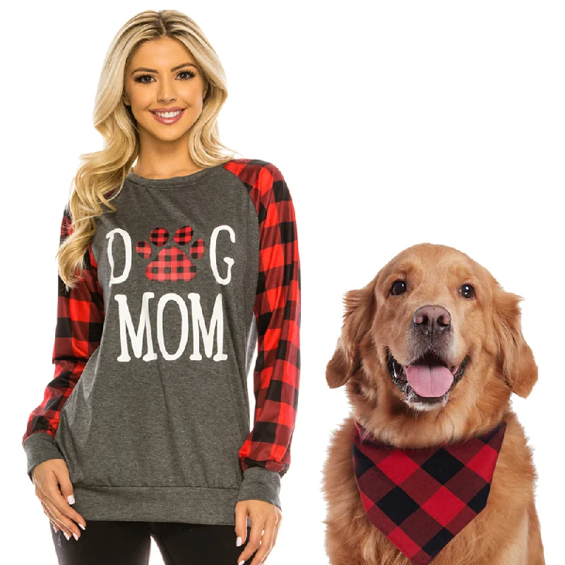 Haute Edition Women's Dog Mom Buffalo Plaid Sweatshirt with Dog Bandana 2-Piece Gift Set Hoodie with Crew Neck Simple Timeless Haute Edition Women's Dog Mom Buffalo Plaid Sweatshirt with Dog Bandana 2-Piece Gift Set Hoodie with Crew Neck Simple Timeless