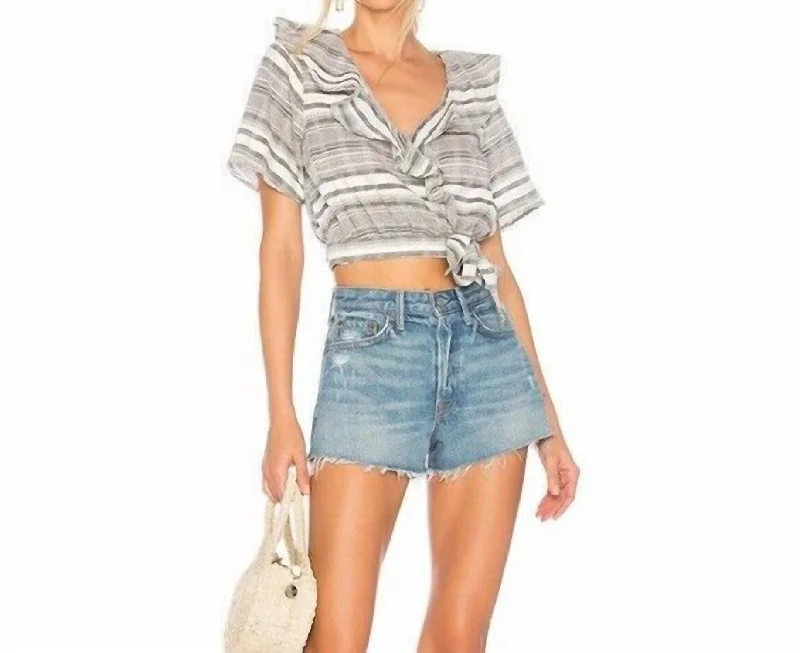 Selma Wrap Striped Ruffle Short Sleeve Crop Top In Grey, White Polka Dot Checkered Tartan Selma Wrap Striped Ruffle Short Sleeve Crop Top In Grey, White Polka Dot Checkered Tartan