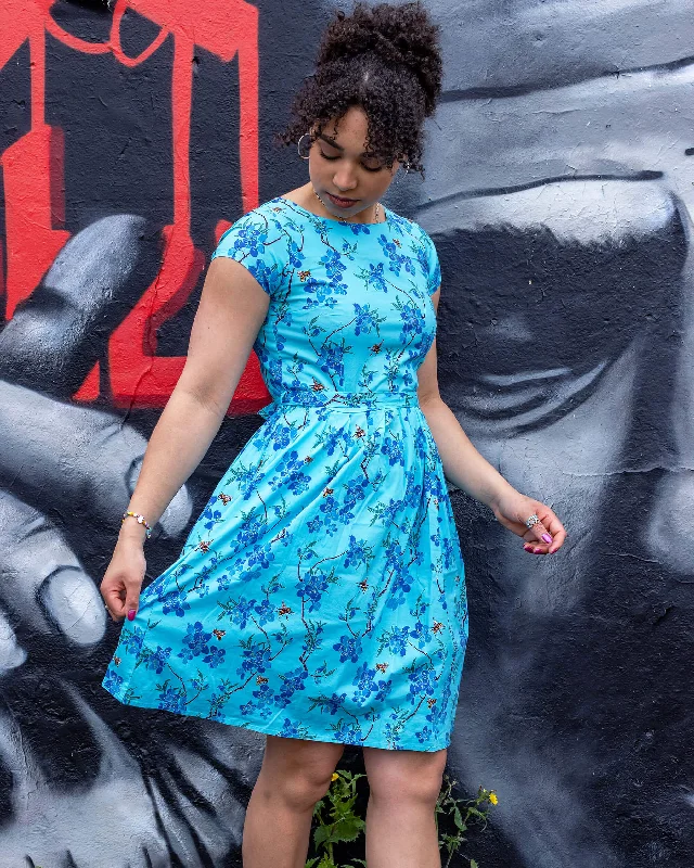 Cherry Blossom Blue Belted Stretch Tea Dress with Pockets Tunics Solid Classic