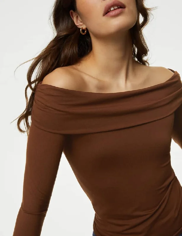 Jersey Bardot Top Textured Jersey Blouse