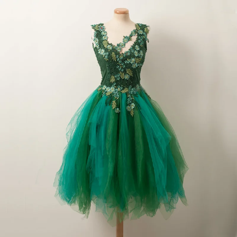 Forest Green A-Line Beaded Homecoming Dress, Tulle Sleeveless Applique Homecoming Dress, D1315 Tunics Versatile functional Forest Green A-Line Beaded Homecoming Dress, Tulle Sleeveless Applique Homecoming Dress, D1315 Tunics Versatile functional