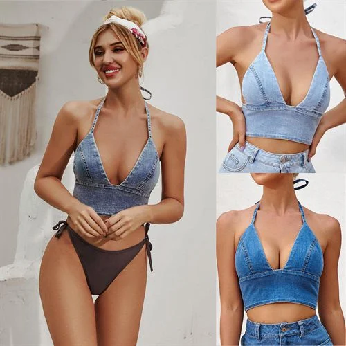 retro Fashion All-matched Slings Halter Tied-band V-neckdenim Women Tank Tops fitness tank top retro Fashion All-matched Slings Halter Tied-band V-neckdenim Women Tank Tops fitness tank top