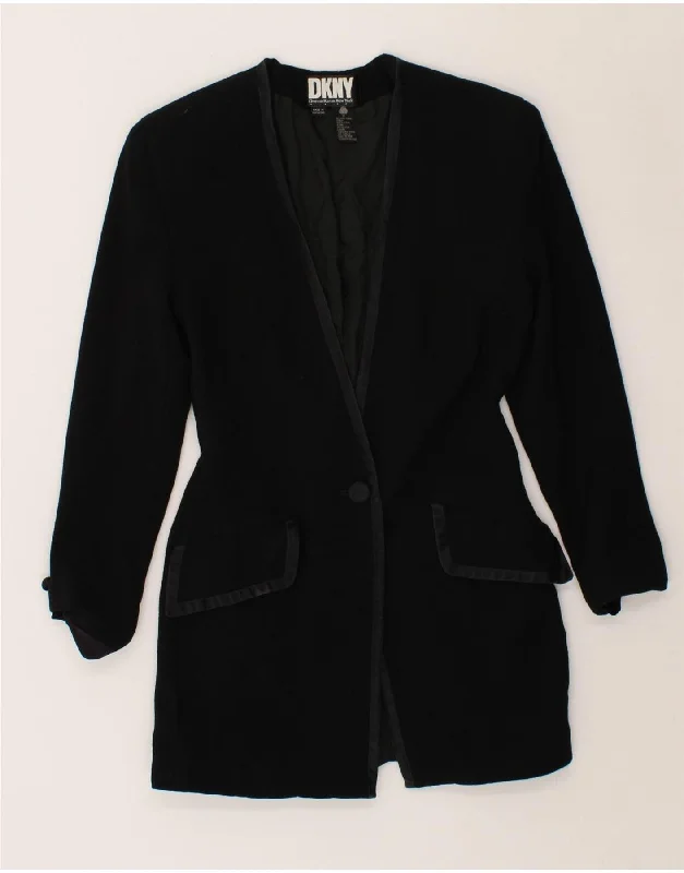DKNY Womens 1 Button Blazer Jacket US 2 XS Black Wool Notch Collar Peter Pan Collar Cowl Neck DKNY Womens 1 Button Blazer Jacket US 2 XS Black Wool Notch Collar Peter Pan Collar Cowl Neck