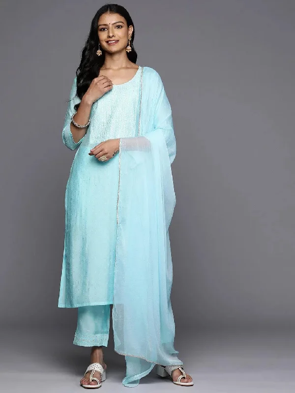 Turquoise Blue Printed Silk Blend Straight Kurta With Trousers & Dupatta Trousers Lace Delicate Turquoise Blue Printed Silk Blend Straight Kurta With Trousers & Dupatta Trousers Lace Delicate