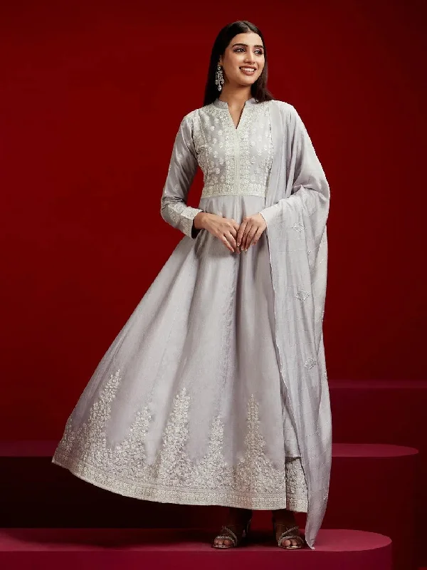Libas Art Grey Embroidered Silk Blend A-Line Kurta With Trousers & Dupatta Trousers Plaid Checkered Libas Art Grey Embroidered Silk Blend A-Line Kurta With Trousers & Dupatta Trousers Plaid Checkered