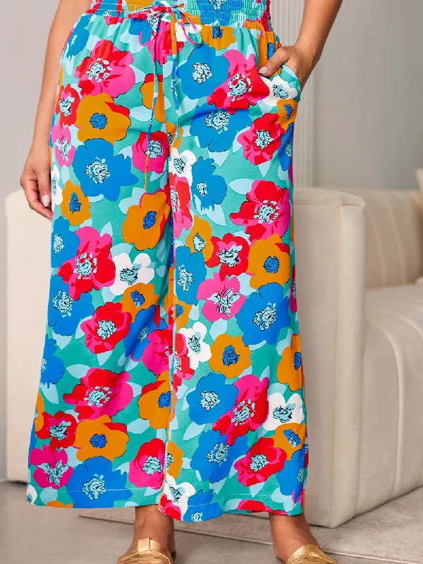 Vibrant Floral Print Plus Size Wide Leg Trousers Trousers Canvas Durable
