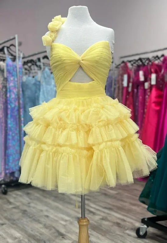 One Shoulder Short Homecoming Dress with Key Hole and Ruffle Skirt