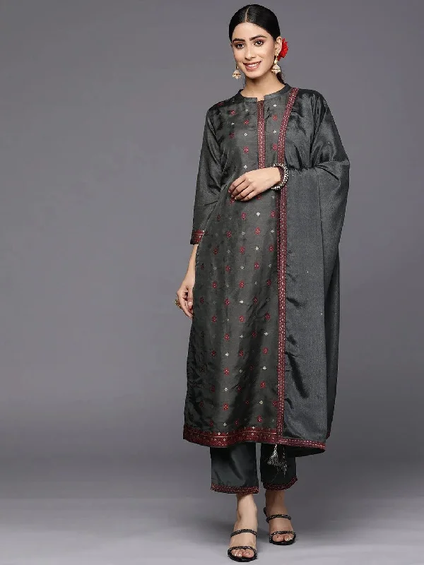Grey Self Design Silk Blend Straight Kurta With Trousers & Dupatta Trousers Gym Athletic Grey Self Design Silk Blend Straight Kurta With Trousers & Dupatta Trousers Gym Athletic