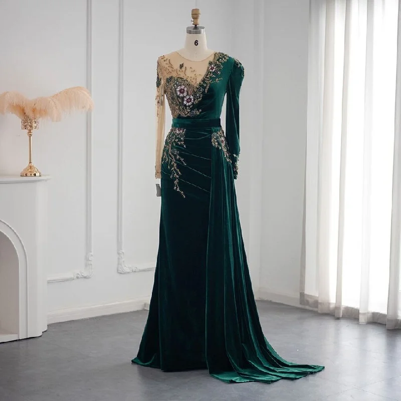 Dark Green Long Sleeves Jewel Mermaid Evening Dresses Prom Gowns With Ruffles,DP1116 Dark Green Long Sleeves Jewel Mermaid Evening Dresses Prom Gowns With Ruffles,DP1116