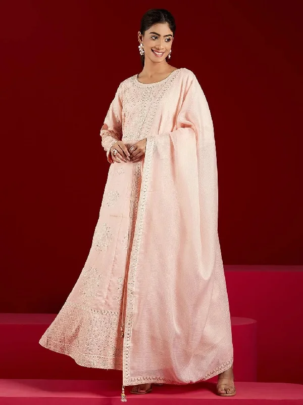 Libas Art Peach Embroidered Silk A-Line Kurta With Trousers & Dupatta Trousers High Rise Slim Fit Libas Art Peach Embroidered Silk A-Line Kurta With Trousers & Dupatta Trousers High Rise Slim Fit
