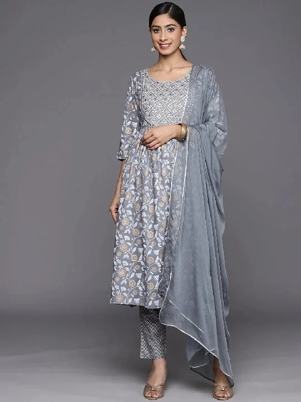 Grey Yoke Design Rayon A-Line Kurta With Trousers & Dupatta Trousers Elastic Waist Soft Grey Yoke Design Rayon A-Line Kurta With Trousers & Dupatta Trousers Elastic Waist Soft