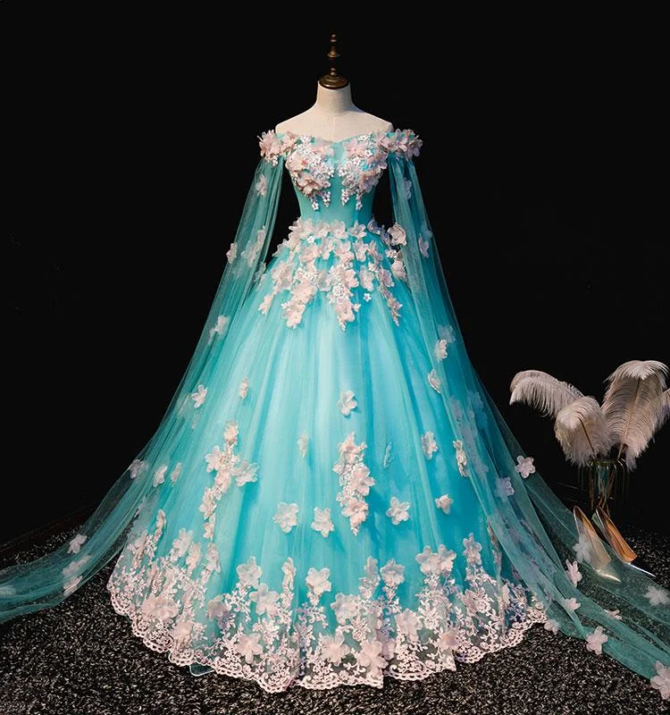 Mint Blue Tulle Embroidery Silk Flowers Quinceanera Dress, Blue Long Ball Gown Formal prom Dress cg19476 Mint Blue Tulle Embroidery Silk Flowers Quinceanera Dress, Blue Long Ball Gown Formal prom Dress cg19476