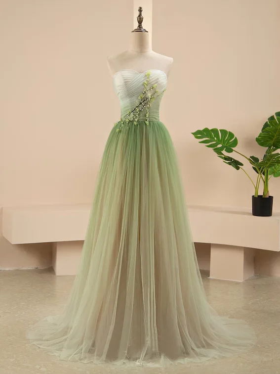 A Line Sweetheart Ruffles Princess Formal Dress Ombre Sage Prom Dress #QWE044