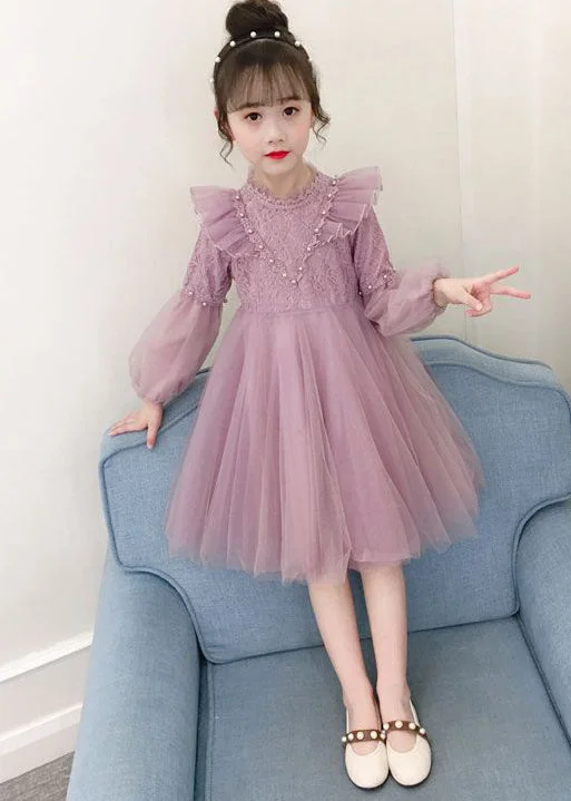 Chic Purple Ruffled Nail Bead Patchwork Tulle Kids Girls Dresses Fall