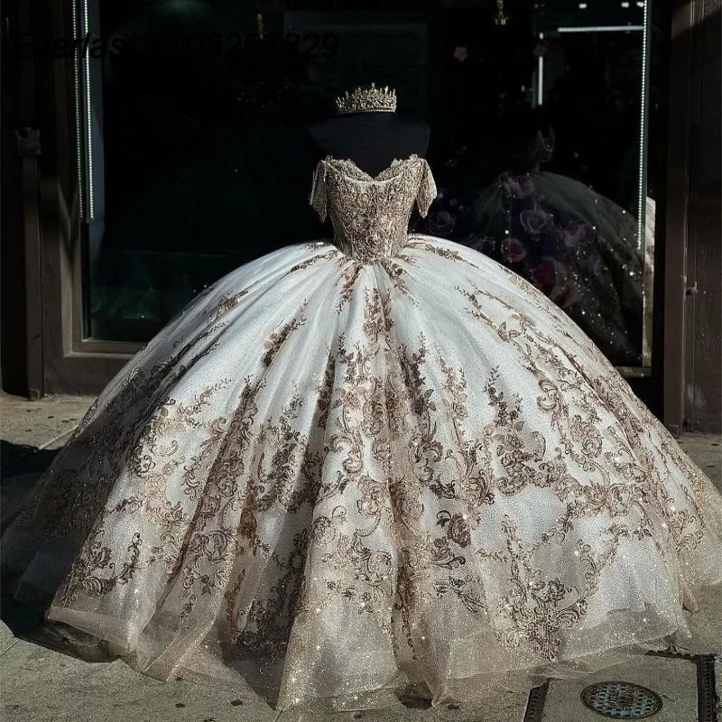Glitter Quinceanera Dress Ball Gown Champagne Lace Applique Beading Sequins Corset Sweet 16 Vestidos De XV 15 Anos Glitter Quinceanera Dress Ball Gown Champagne Lace Applique Beading Sequins Corset Sweet 16 Vestidos De XV 15 Anos