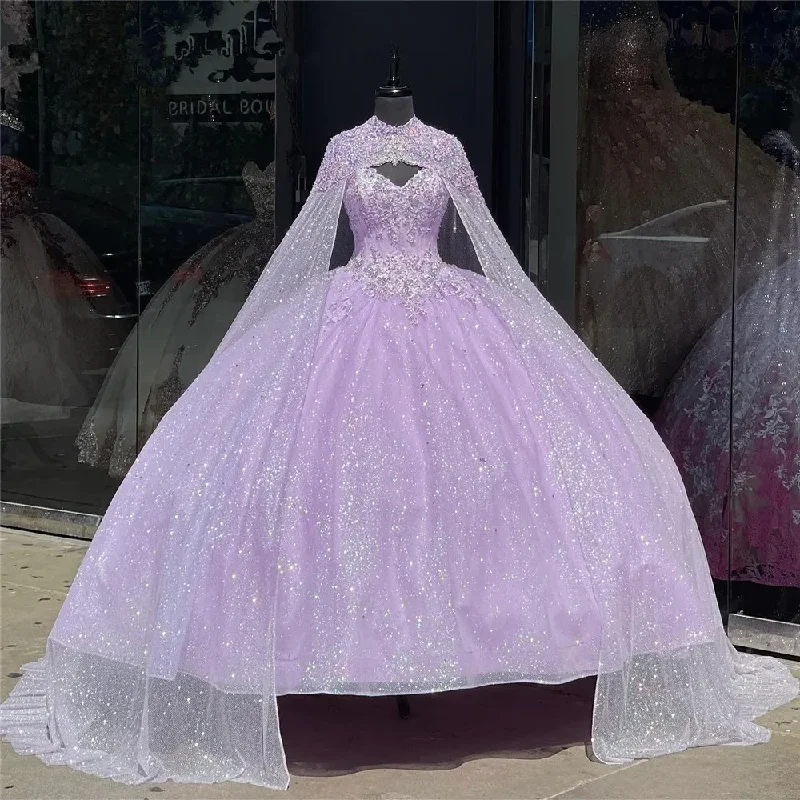 Lavender Princess Quinceanera Dresses with Cape Sweetheart Beaded Applique Lace-up Corset Prom Vestidos de 15 quinceañera Lavender Princess Quinceanera Dresses with Cape Sweetheart Beaded Applique Lace-up Corset Prom Vestidos de 15 quinceañera