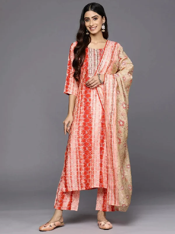 Red Yoke Design Silk Blend Straight Kurta With Trousers & Dupatta Trousers Floral Bohemian