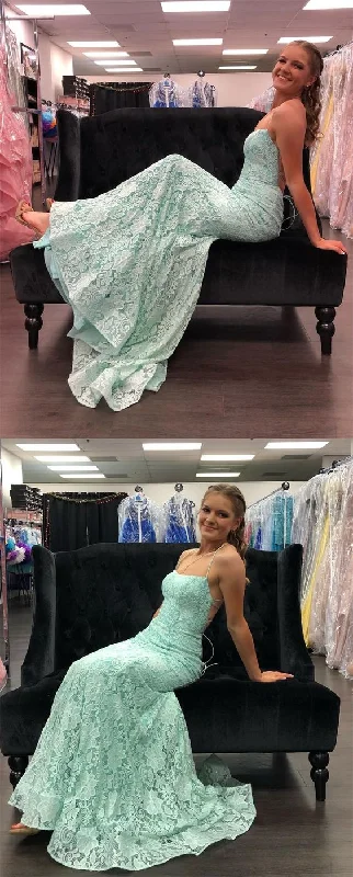 mermaid mint green lace long prom dress with lace up back    cg19398